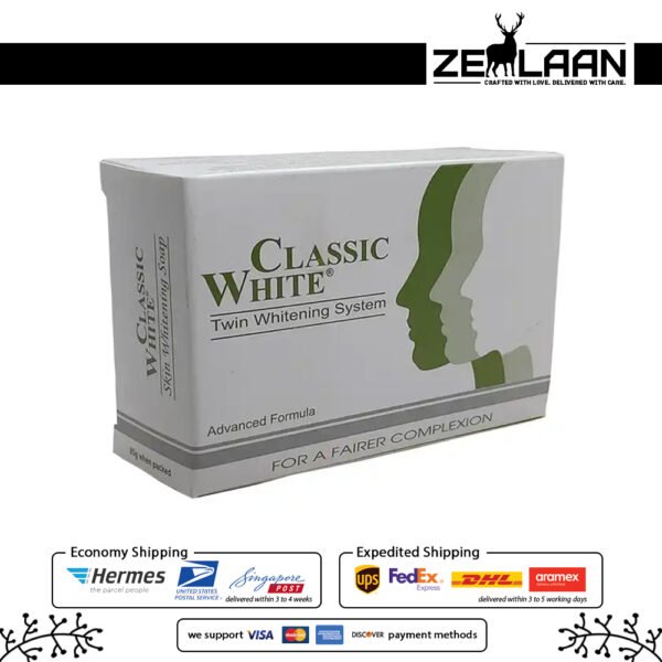 Classic White Soap packaging showing the twin whitening system for skin brightening