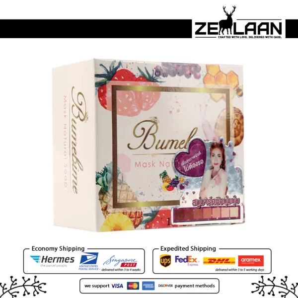Original Bumebime Whitening Soap packaging featuring natural fruit extracts for instant skin brightening and a flawless glow