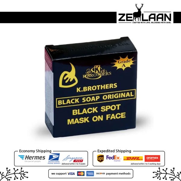 Original K Brothers Black Soap Grade A packaging for black spot mask on face and skin clearing