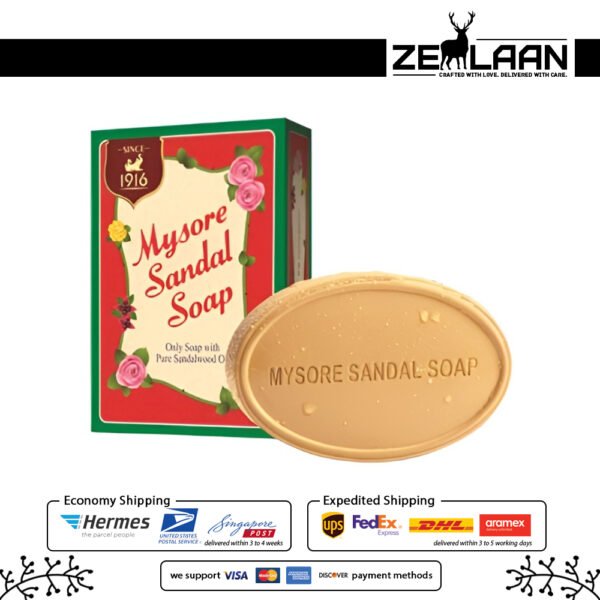 Original Mysore Sandal Soap packaging and oval bar featuring pure sandalwood oil and 1916 heritage logo with box