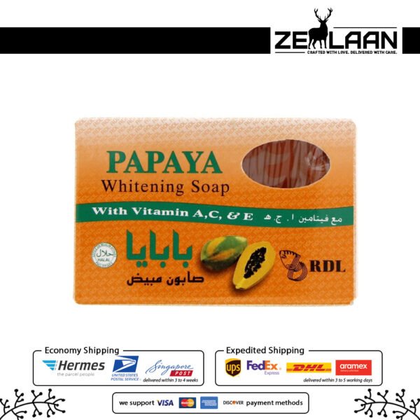Original RDL Papaya Soap 135g packaging featuring Vitamin A, C, and E for skin brightening