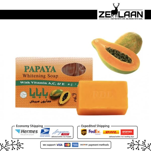 Original RDL Papaya Soap 135g packaging featuring Vitamin A, C, and E for skin brightening with box
