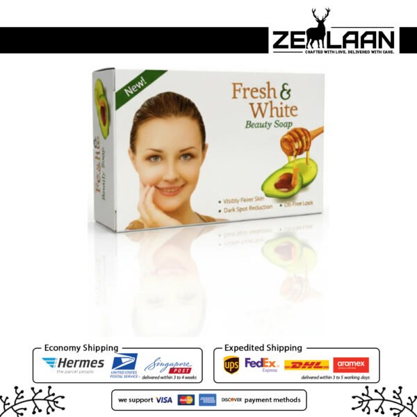 Ultimate Fresh and White Beauty Soap with honey and avocado extracts for dark spot reduction and visibly fairer skin