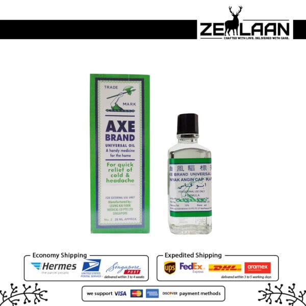 Axe Brand Universal Oil transparent bottle with iconic blue and green packaging, showcasing a powerful formula for headache, nasal congestion, and joint pain relief 56ml