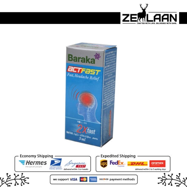 Baraka Act Fast roll-on and balm featuring a powerful Black Seed Oil formula for instant relief from headaches, joint pain, and nasal congestion box