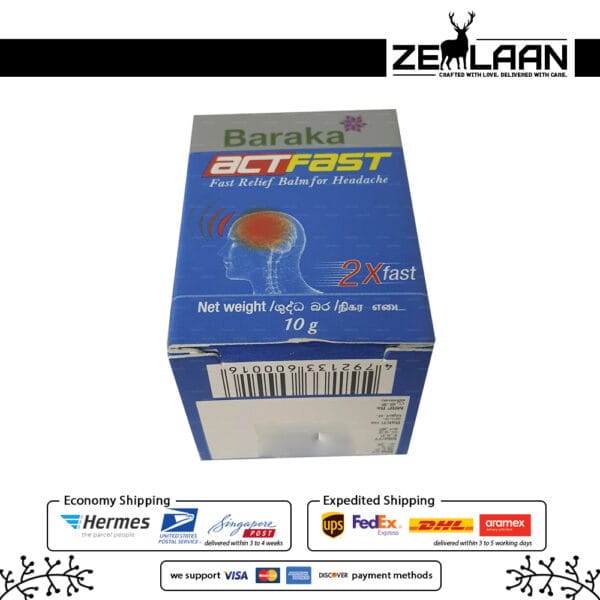 Baraka Act Fast roll-on and balm featuring a powerful Black Seed Oil formula for instant relief from headaches, joint pain, and nasal congestion box side