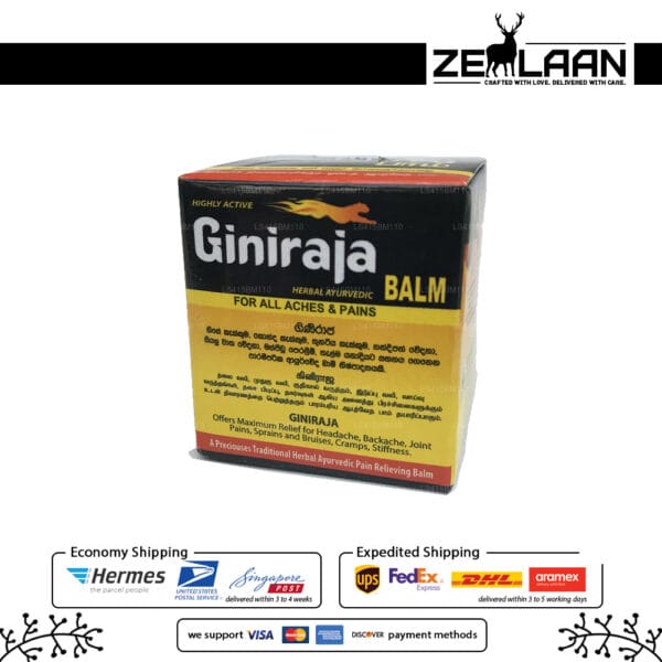 Giniraja Ayurvedic Herbal Balm jar featuring the traditional red and gold label, formulated with potent Sri Lankan herbs for instant relief from backaches and joint stiffness back Giniraja Ayurvedic Herbal Balm jar featuring the traditional red and gold label, formulated with potent Sri Lankan herbs for instant relief from backaches and joint stiffness back
