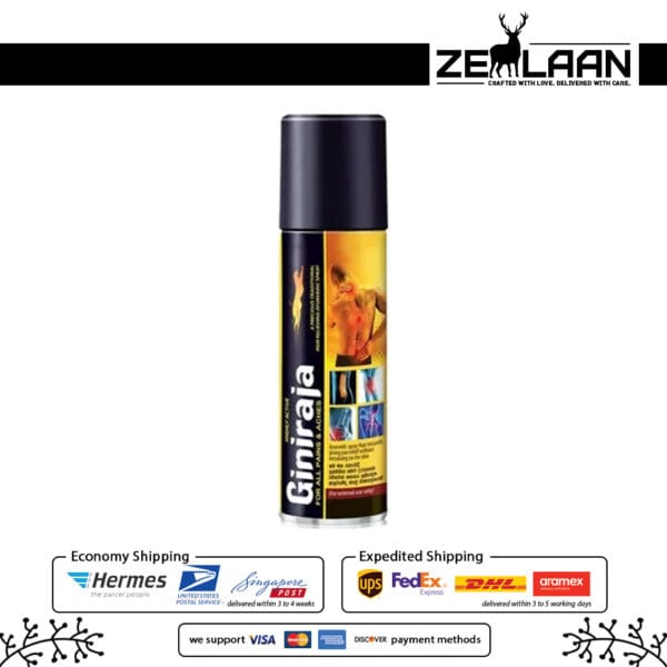 Giniraja Pain Relieving Herbal Spray 100ml aerosol can featuring a powerful 100% natural Ayurvedic formula for instant relief from backaches, joint pain, and sports injuries front