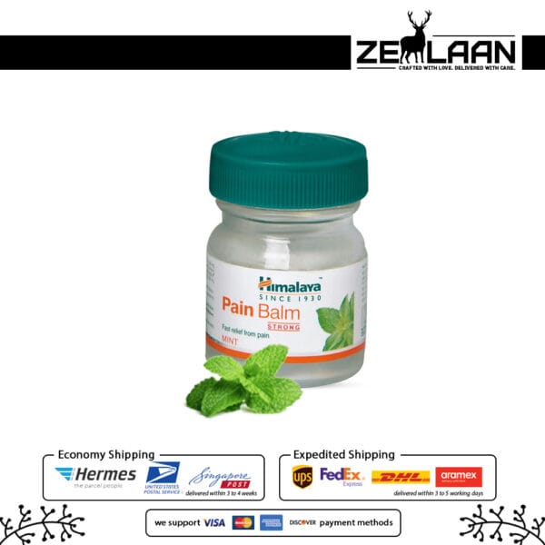 Himalaya Pain Balm Strong 45g jar featuring an advanced Ayurvedic formula with Indian Winter Green and Mint for instant relief from migraines and muscle aches