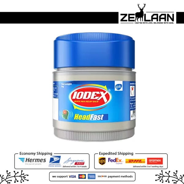 Iodex Headfast Balm 9g and 18g packaging showing specialized green formula for fast-acting headache and tension relief with Ayurvedic herbs without box Iodex Headfast Balm 9g and 18g packaging showing specialized green formula for fast-acting headache and tension relief with Ayurvedic herbs without box