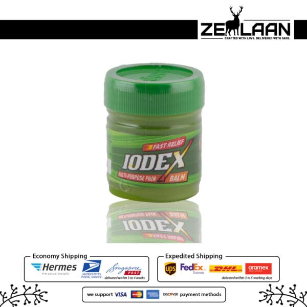 Iodex Quick Pain Relief Balm 18g green packaging featuring powerful 5-ingredient formula for backache, neck pain, and joint relief 8g Iodex Quick Pain Relief Balm 18g green packaging featuring powerful 5-ingredient formula for backache, neck pain, and joint relief 8g