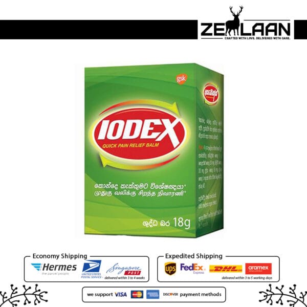 Iodex Quick Pain Relief Balm 18g green packaging featuring powerful 5-ingredient formula for backache, neck pain, and joint relief with box