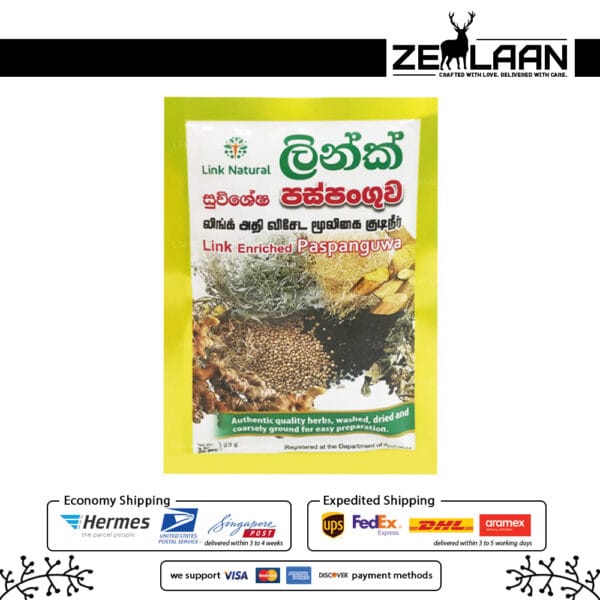 Link Natural Enriched Paspanguwa 23g yellow sachet featuring a powerful 8-herb Ayurvedic formula for cold, flu, and body ache relief font