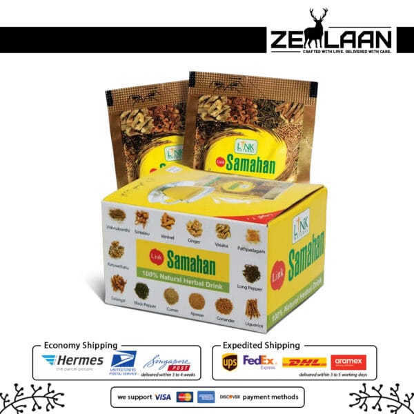 Link Samahan 4g sachets featuring a powerful 14-herb Ayurvedic formula for instant relief from cold, cough, and flu symptoms