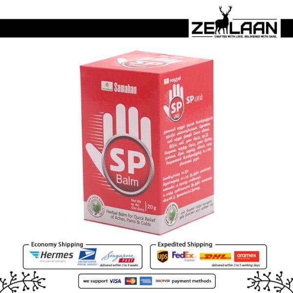 Link Samahan SP Balm green jar available in 20g and 50g sizes, featuring a powerful 15-herb Ayurvedic formula for fast relief from headaches, colds, and muscle pains with box Link Samahan SP Balm green jar available in 20g and 50g sizes, featuring a powerful 15-herb Ayurvedic formula for fast relief from headaches, colds, and muscle pains with box