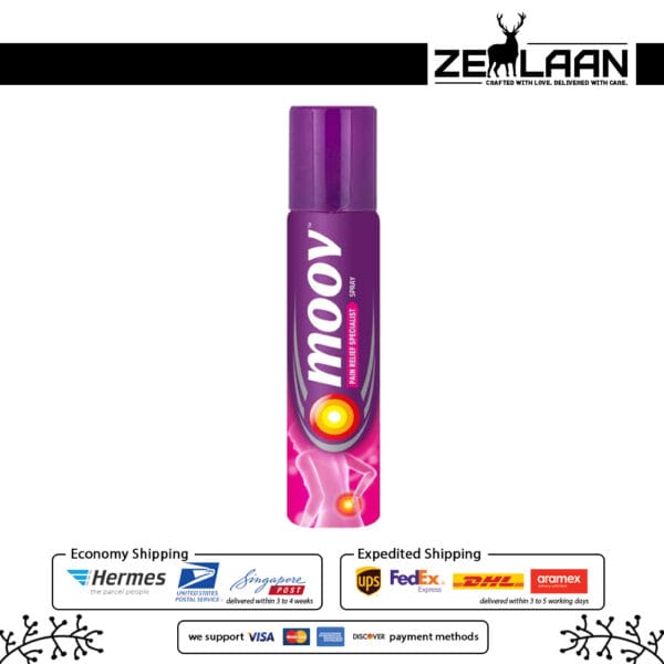 Moov Pain Relief Specialist Spray aerosol can featuring a powerful 100% natural Ayurvedic formula with Wintergreen and Eucalyptus oil for instant muscle relaxation pack of 1