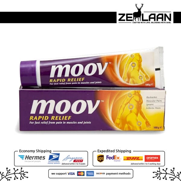 Moov Rapid Relief Cream featuring a powerful 100% natural Ayurvedic formula for instant relief from backaches, muscle pulls, and joint inflammation 100g pack of 1