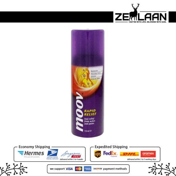 Moov Rapid Relief Spray 150ml aerosol can with 100% Ayurvedic formula featuring Wintergreen and Eucalyptus oil for instant muscle and joint pain recovery pack of 1