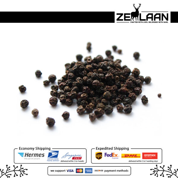 Organic Premium Ceylon Black Pepper, Grade No. 1 whole peppercorns from Sri Lanka featuring high piperine for medicinal and culinary use