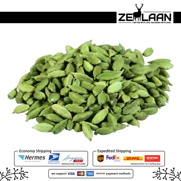Organic Premium Ceylon Cardamom pods, Grade No. 1 Lanka Green variety harvested from Sri Lanka for gourmet and medicinal use
