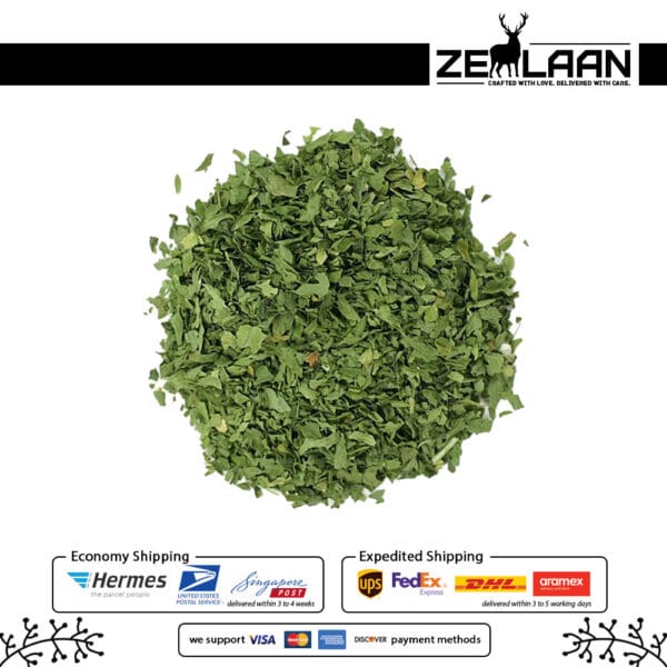 Organic Premium Ceylon Kasuri Methi, Grade No. 1 dried fenugreek leaves from Sri Lanka featuring high volatile oils for medicinal and gourmet culinary use