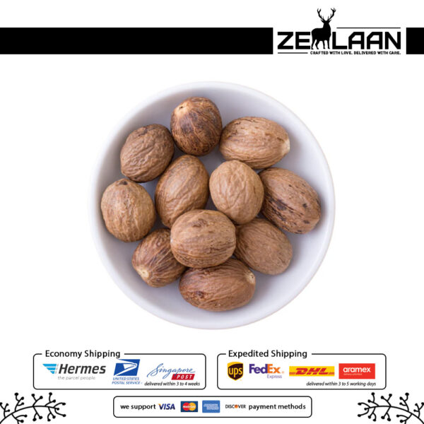 Organic Premium Ceylon Nutmeg, Grade No. 1 whole seeds from Sri Lanka featuring high essential oils for medicinal and culinary use with pot Organic Premium Ceylon Nutmeg, Grade No. 1 whole seeds from Sri Lanka featuring high essential oils for medicinal and culinary use with pot