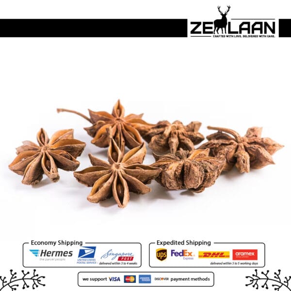 Organic Premium Ceylon Star Anise, Grade No. 1 whole star-shaped pods with seeds from Sri Lanka featuring high anethole for medicinal and culinary use