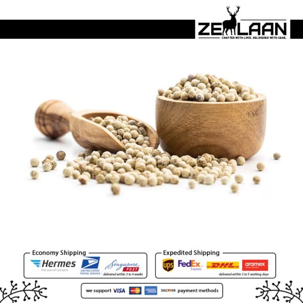 Organic Premium Ceylon White Pepper, Grade No. 1 whole white peppercorns from Sri Lanka featuring high piperine for gourmet culinary and medicinal use 3