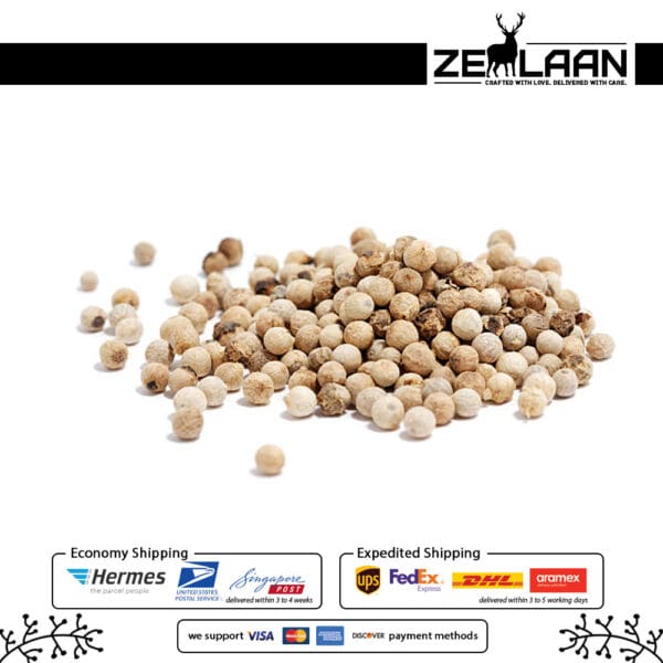 Organic Premium Ceylon White Pepper, Grade No. 1 whole white peppercorns from Sri Lanka featuring high piperine for gourmet culinary and medicinal use