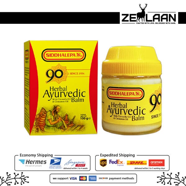 Original Siddhalepa Balm in a glass jar featuring powerful Ayurvedic herbal ingredients for muscle pain, headache, and cold relief