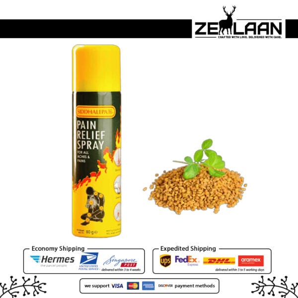 Siddhalepa Pain Relief Spray 80g aerosol can featuring powerful Ayurvedic herbal formula for instant relief from muscle aches, sprains, and joint pain with fenugreek