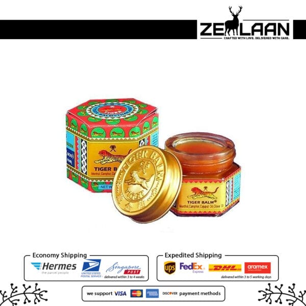 Tiger Balm Red Ointment iconic hexagonal glass jar with a golden lid featuring a powerful warming herbal formula for deep muscle and arthritis relief