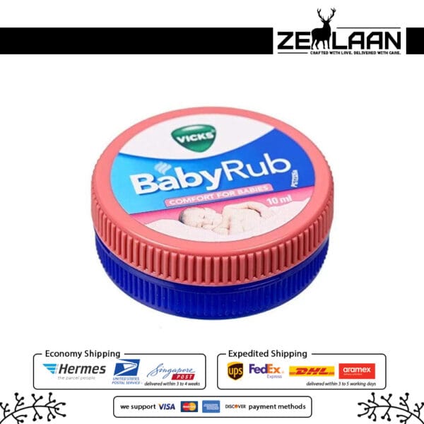 Vicks BabyRub 50g pink and blue jar showing gentle non-medicated formula with Aloe Vera, Rosemary, and Lavender for baby’s cold and sleep comfort 10ml