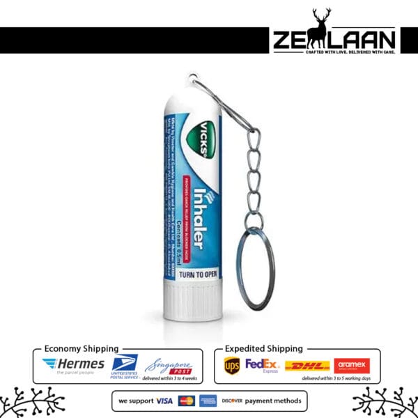 Vicks Inhaler 0.5ml portable nasal stick showing compact design and powerful menthol and camphor formula for instant decongestion