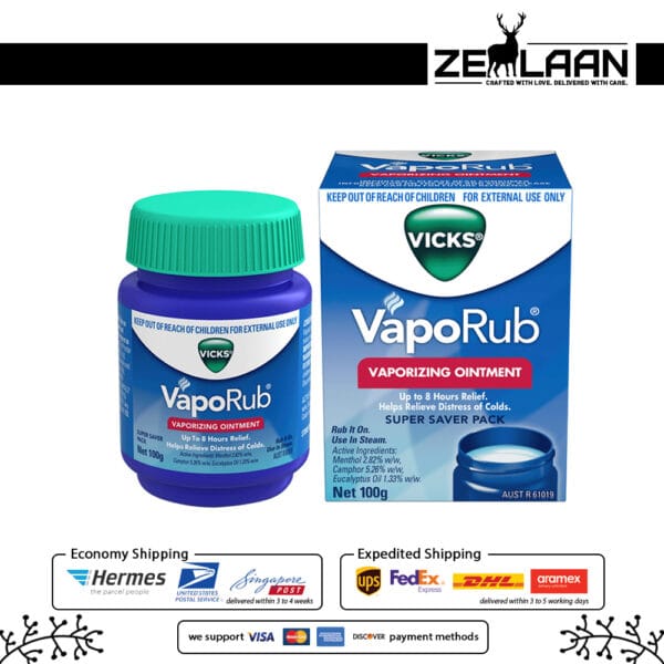 Vicks VapoRub iconic blue jar featuring a powerful menthol, camphor, and eucalyptus formula for instant respiratory and muscle relief 100g