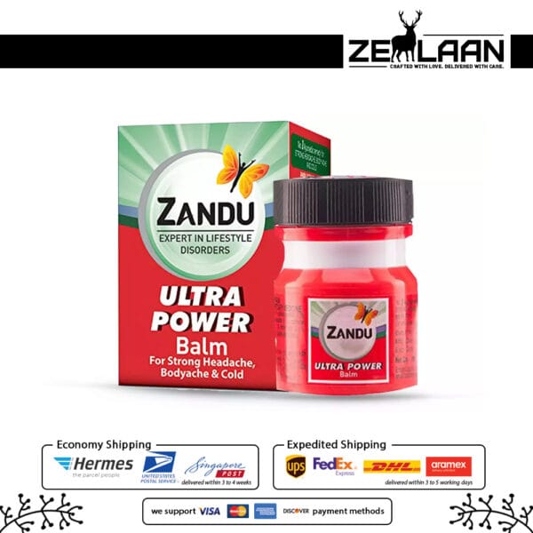 Zandu Balm Ultra Power red jar and box featuring the advanced Ayurvedic formula with 100 years of trust for strong headache and body ache relief