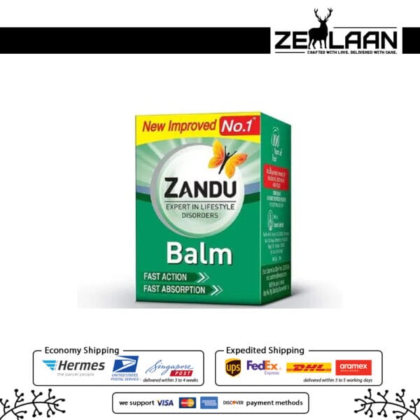 Zandu Balm jar and box featuring the iconic butterfly logo, 100 years of trust, and fast action formula for lifestyle disorders