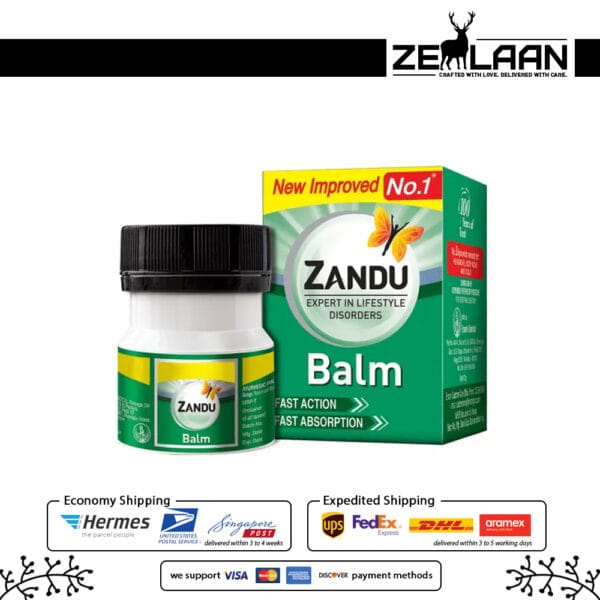 Zandu Balm jar and box featuring the iconic butterfly logo, 100 years of trust, and fast action formula for lifestyle disorders with box