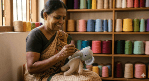 No.1 Best Authentic Handmade Crochet Toys from Sri Lanka 4 Authentic Handmade Crochet Toys from Sri Lanka An older Sri Lankan artisan, whose weathered hands hold bamboo crochet hooks, smiles gently at a half-finished crochet elephant in her sunlit workshop. Her skill is the foundation of every authentic Zeylaan toy.