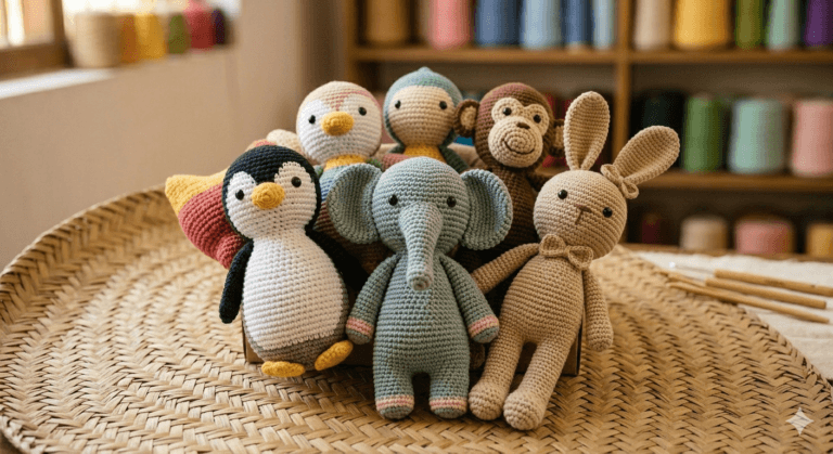 A cluster of the finished Amigurumi animals seen in image_0.png—a penguin, an elephant, a monkey, and a beige bunny—nestled together on a woven palm leaf mat. The blurry background shows the familiar colorful yarn spools and tools from image_1.png. Zeylaan toys are crafted to order with international delivery.