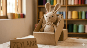 No.1 Best Authentic Handmade Crochet Toys from Sri Lanka 5 A 10-inch handmade beige crochet rabbit plush, identical to the types seen in image_0.png, sits snugly in a minimalist gift box made from recycled brown cardboard. The workshop shelves with colorful yarn are softly blurred in the background. Zeylaan toys are safe and sustainable.
