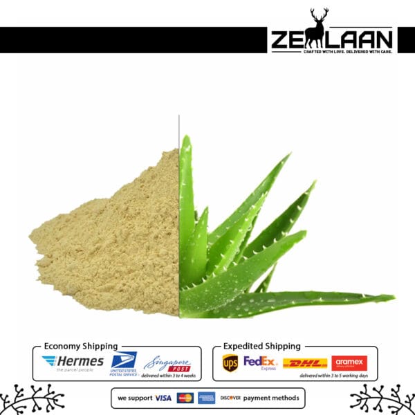 Pure Aloe Vera Leaf Powder alongside fresh Aloe leaves to show its raw botanical origin