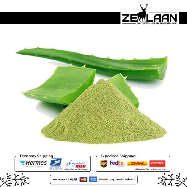 Pure Aloe Vera Leaf Powder alongside fresh Aloe leaves to show its raw botanical origin with leaf