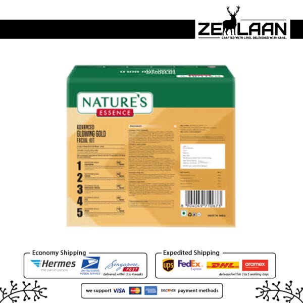 Nature's Essence Advanced Glowing Gold Facial Kit 5-step professional at-home gold facial treatment kit back Nature's Essence Advanced Glowing Gold Facial Kit 5-step professional at-home gold facial treatment kit back
