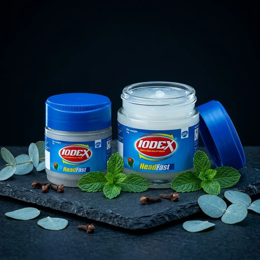 Iodex Headfast Balm: #1 Headache Specialist That Starts Working Instantly 6 9g 18g Side by Side Premium Dark Studio Shot