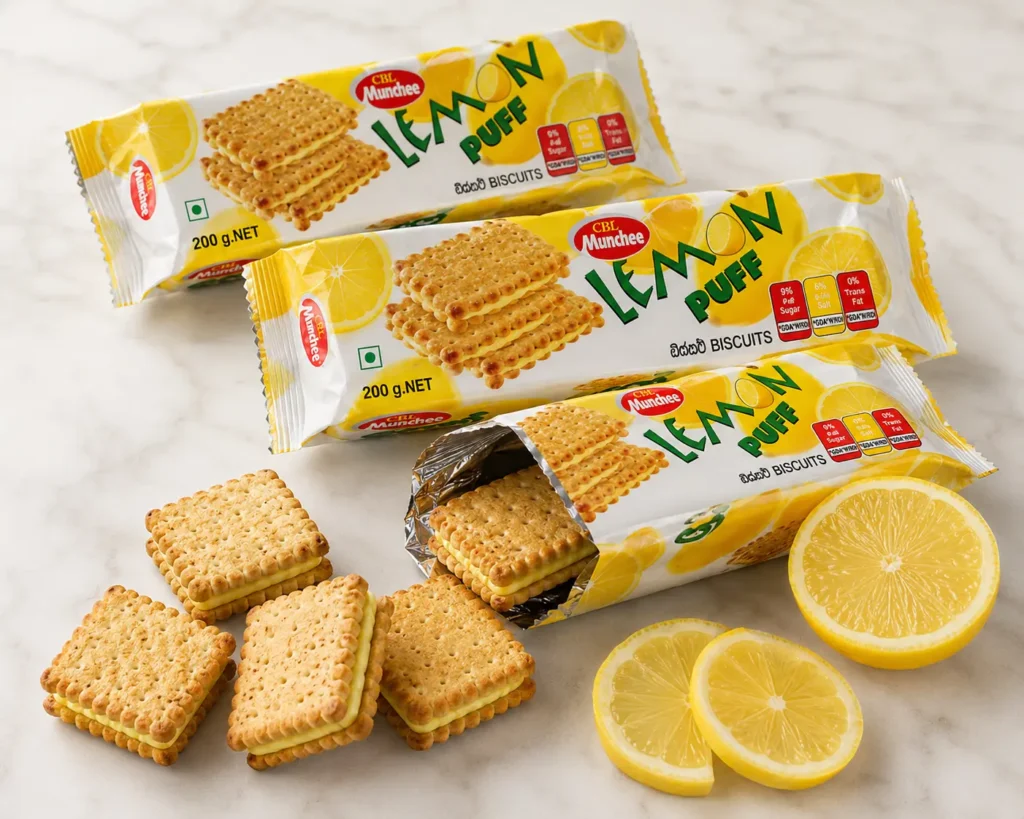 Munchee Lemon Puff Biscuits: #1 Sri Lanka's Most Loved Lemon Cream Biscuit 1 Munchee Lemon Puff Biscuits 200g Premium Flat Lay