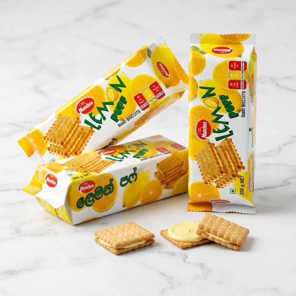 Munchee Lemon Puff Biscuits: #1 Sri Lanka's Most Loved Lemon Cream Biscuit 5 Munchee Lemon Puff Pack of 3 Flat Lay Studio Shot