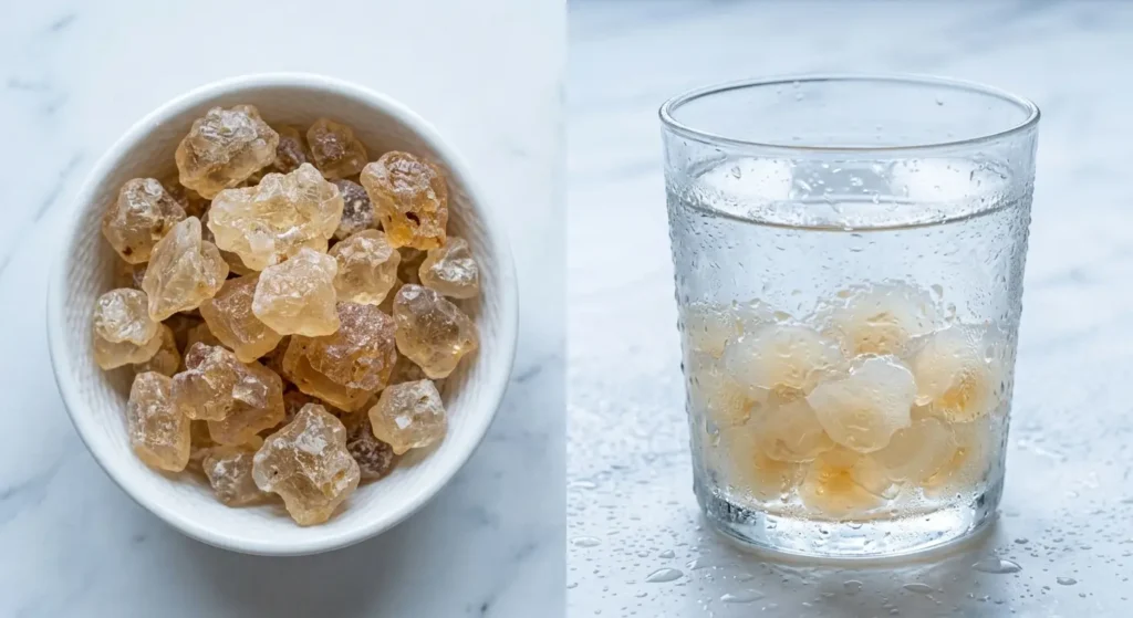 Badam Pisin (Almond Gum): #1 Nature's Cooling Answer to Europe's Historic Heatwave 2 Before After Dry Crystals to Soft Cooling Gel