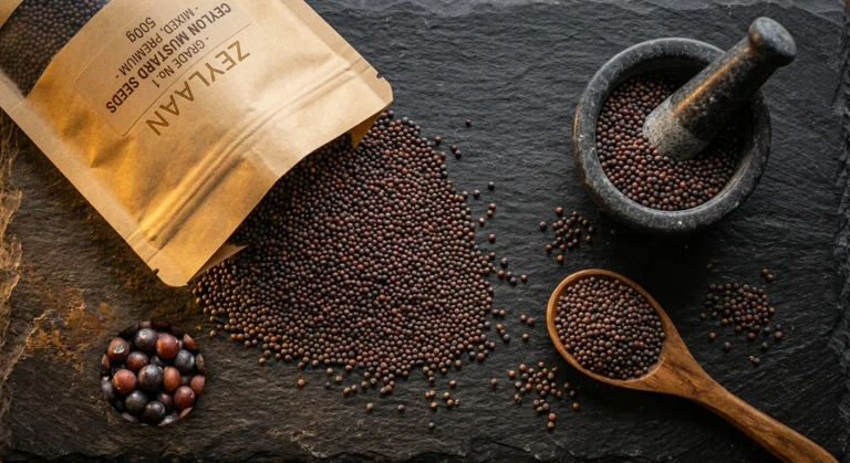 Ceylon Mustard Seeds: The Two-Stage Spice That Only Reveals Itself When You Know How 2 Ceylon Mustard Seeds Grade No.1 Black & Brown Seeds Dark Luxury Flat Lay
