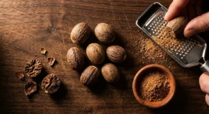 Ceylon Nutmeg Grade No.1 Whole Seeds Flat Lay with Grater